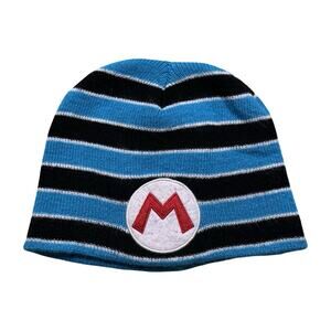 Super Mario Knitted Beanie Cap Black & Blue Striped Big Red M Logo